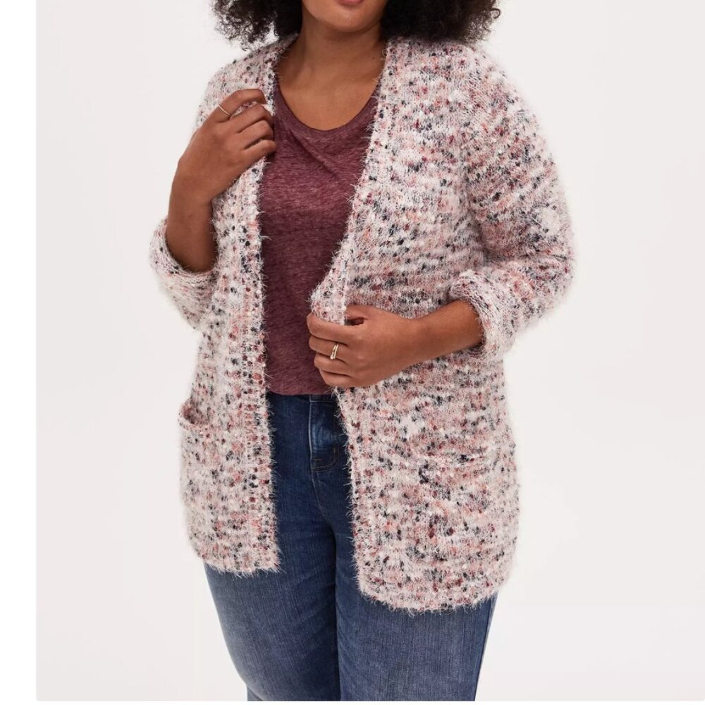 GUC Torrid Fuzzy Multicolor Popcorn Knit Open Front Cardigan